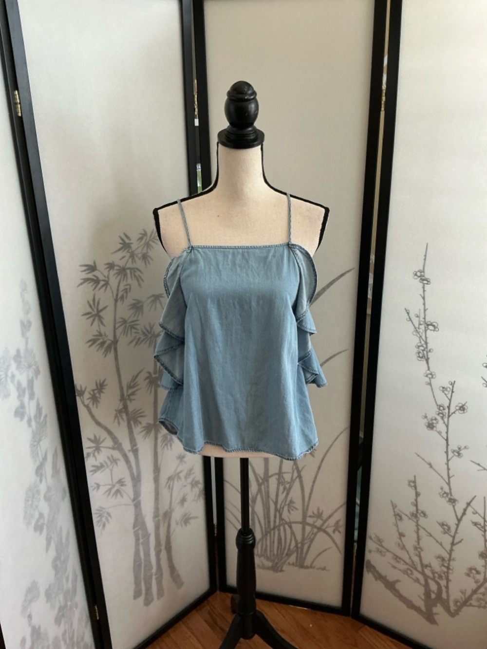 Red Camel Chambray Blue Ruffle-Trim Spaghetti Strap Denim Camisole